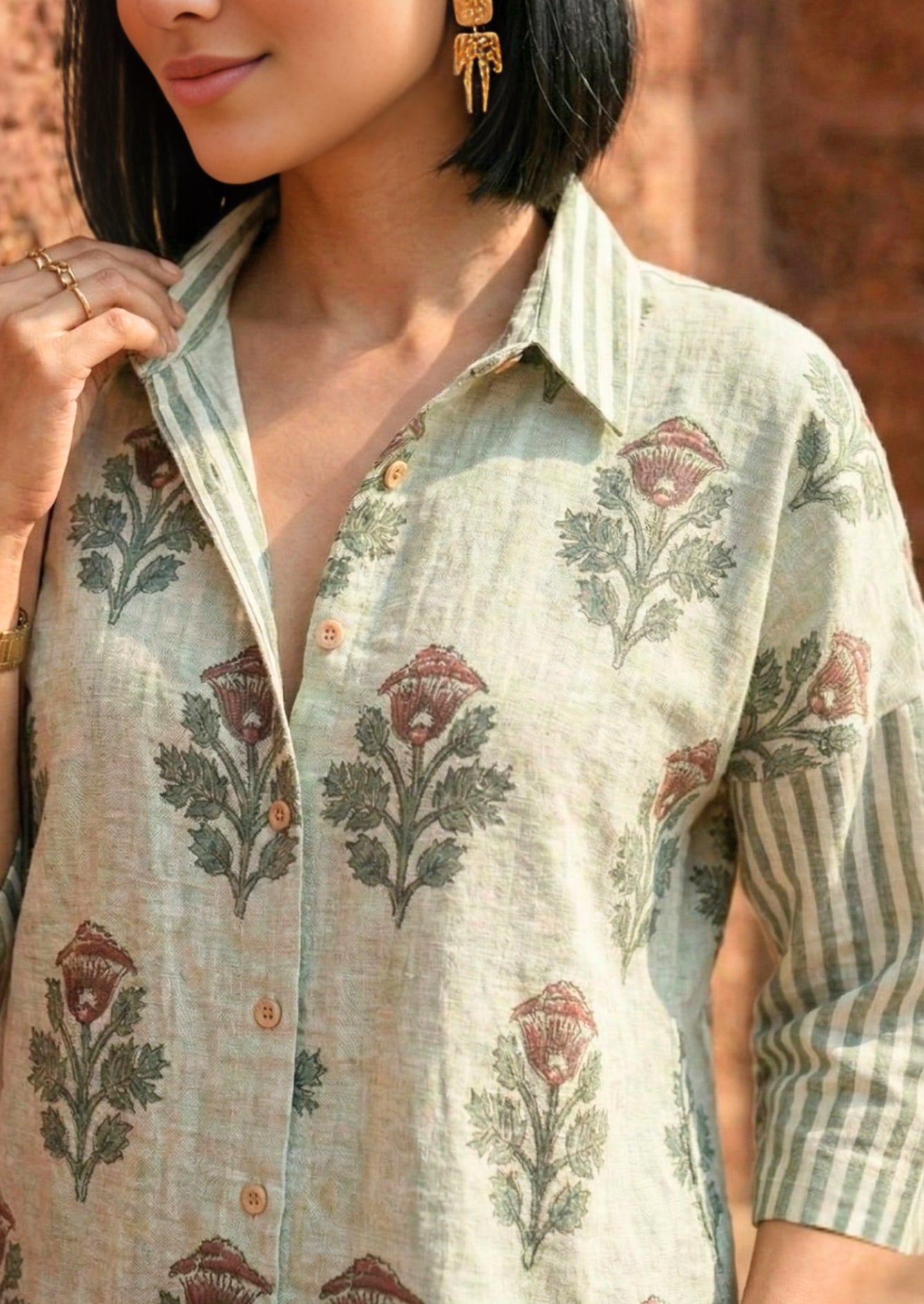 Sage green botanical block print linen shirt for women – Bbaawri sustainable summer top
