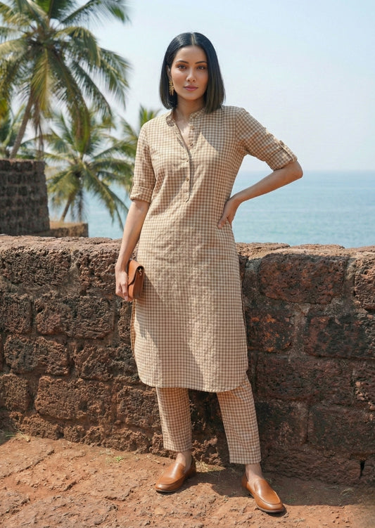 Woven Handloom Cotton Checked Kurta Set