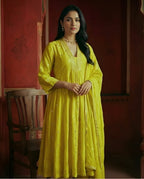 Neon Yellow Chanderi Silk Kurta Set with Embroidery and Mukaish Dupatta