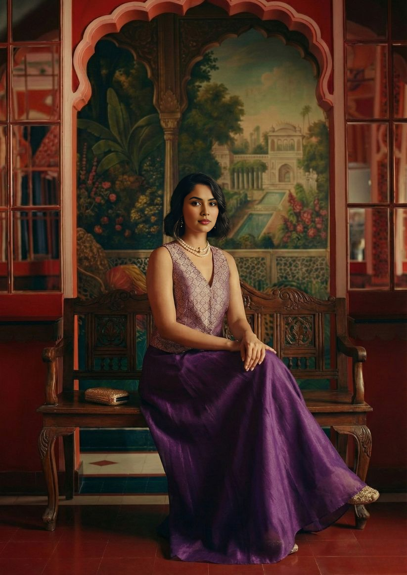 Front view of woman wearing purple brocade waistcoat and palazzo fusion set.