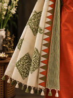 Hand Block Printed Tussar Silk suit- Orange
