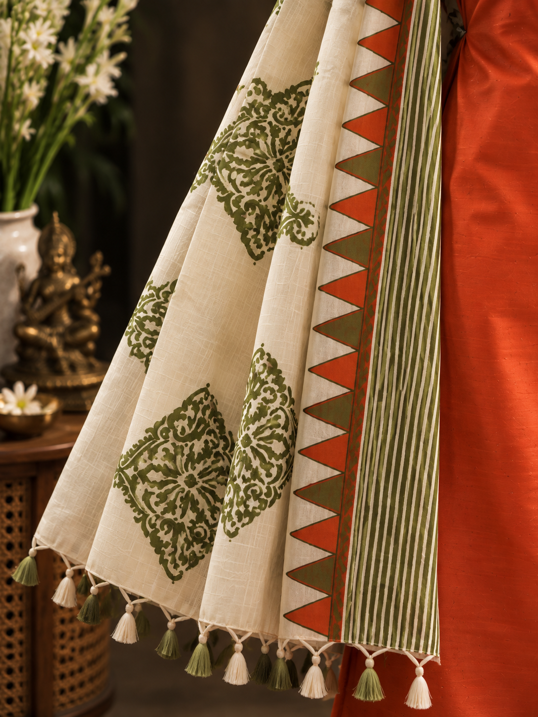 Hand Block Printed Tussar Silk suit- Orange