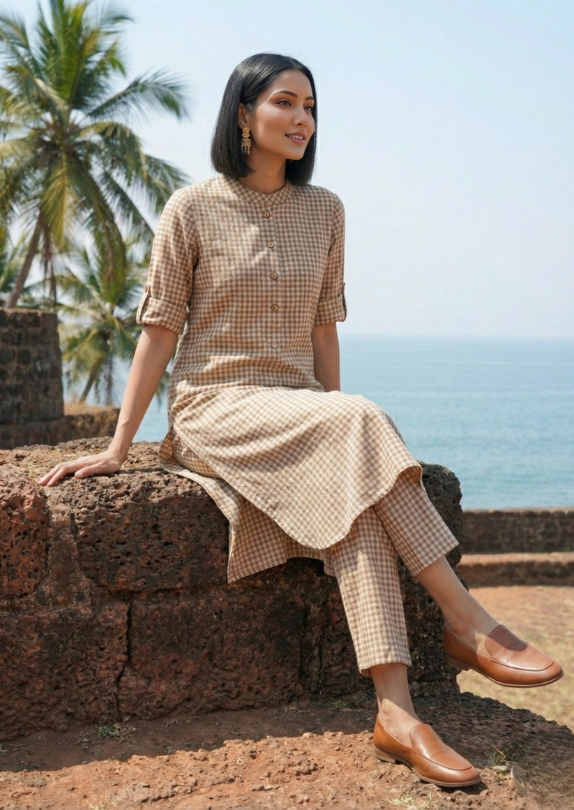 Woven Handloom Cotton Checked Kurta Co ord Set