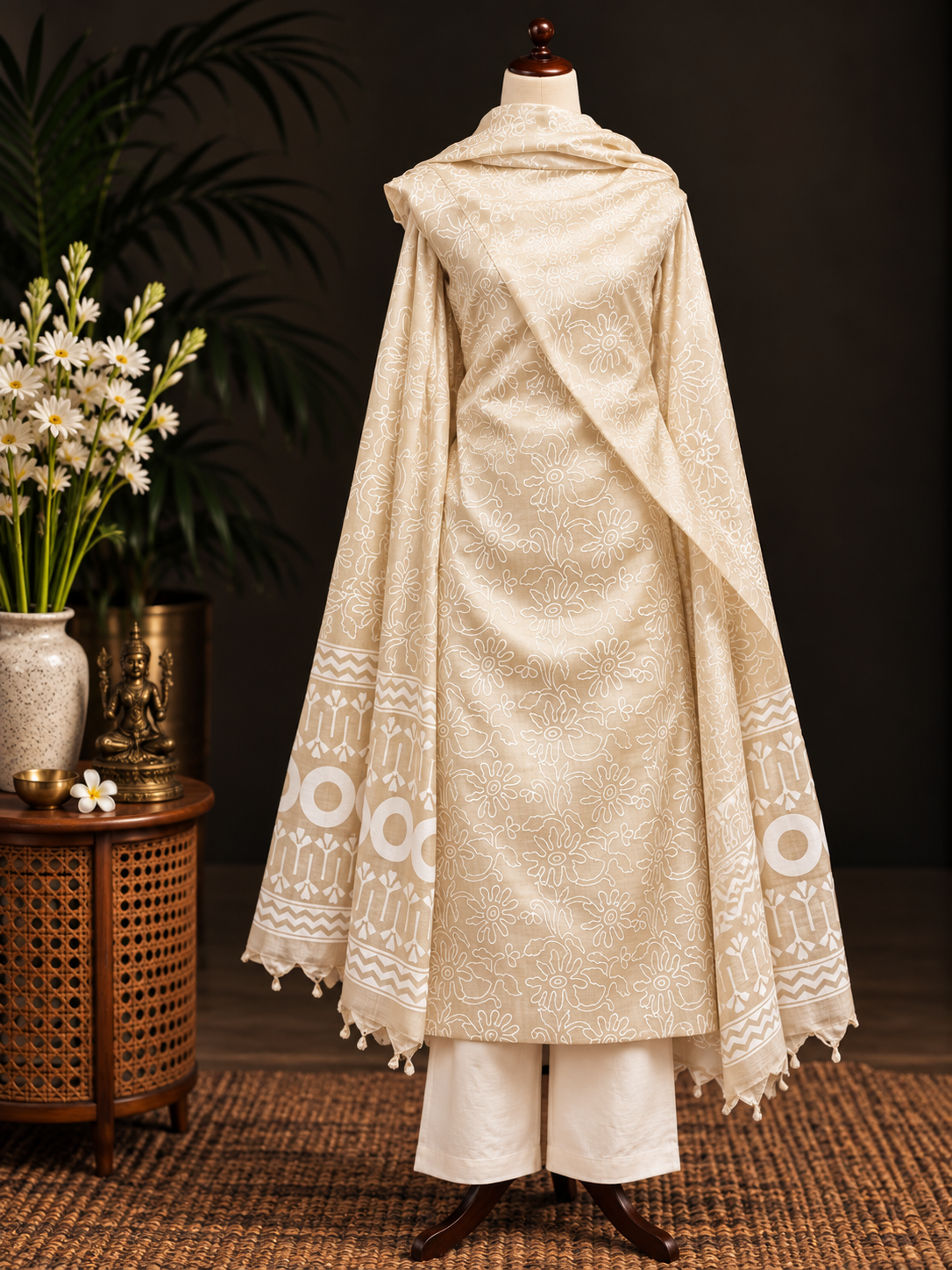 A cream-colored traditional South Asian outfit displayed on a mannequin, featuring a kurta with intricate embroidery, matching trousers, and a draped shawl with geometric patterns and tassels. The mannequin is set against a dark background with decorative plants and a side table.