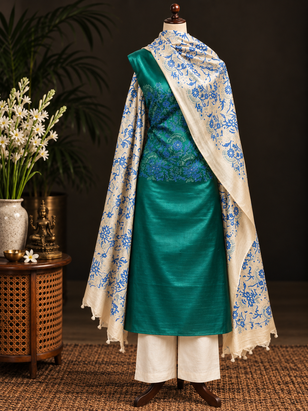 Premium Emerald Green Tussar Silk Unstitched Suit with Floral Block Print Dupatta