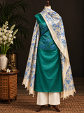 Premium Emerald Green Tussar Silk Unstitched Suit with Floral Block Print Dupatta