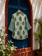 Teal Blue  Floral Printed Linen Shirt for Women