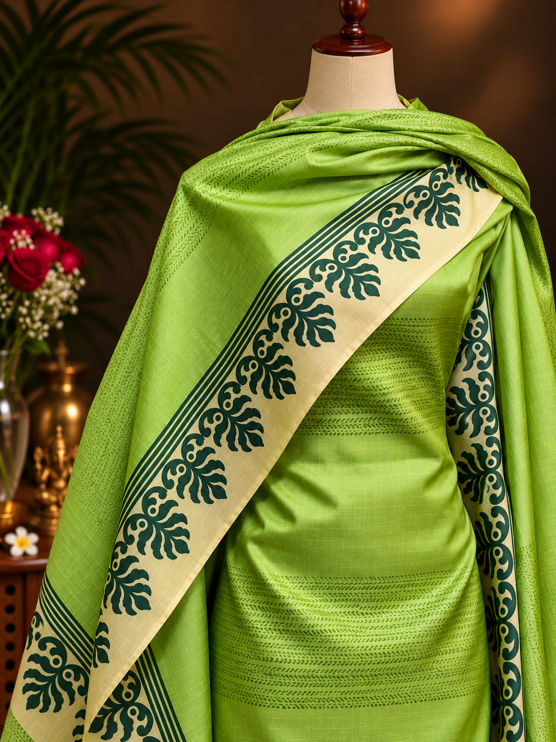 Light Green & Cream Block Print Silk Suit Set