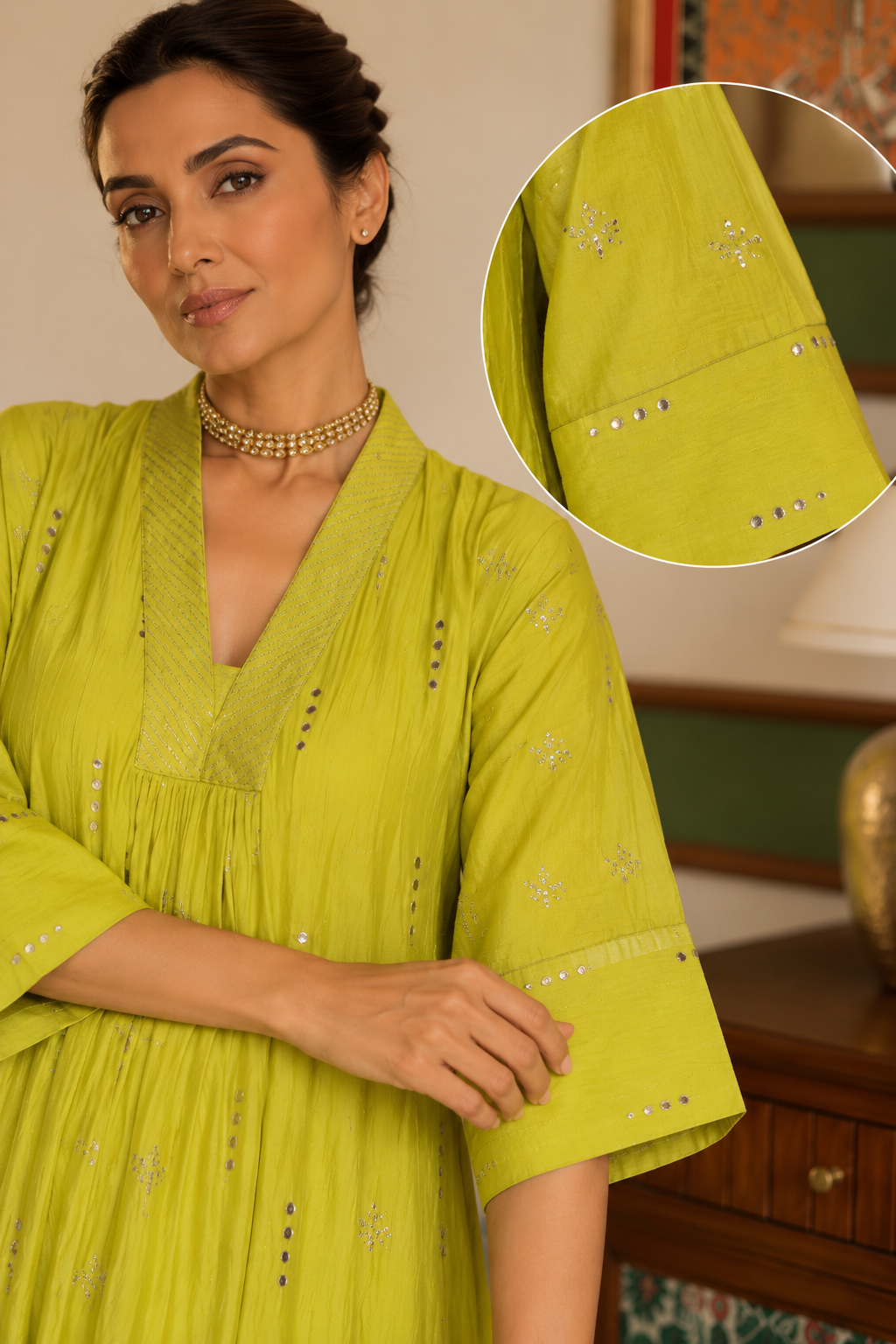 Neon Yellow Chanderi Silk Kurta Set with Embroidery and Mukaish Dupatta