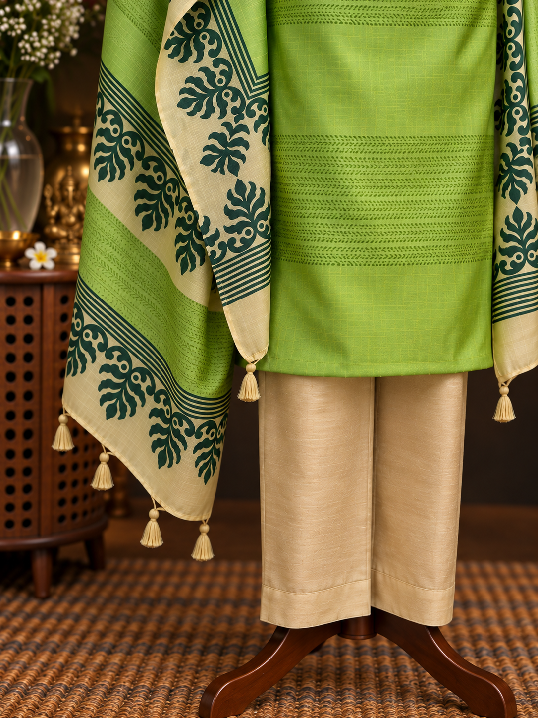 Light Green & Cream Block Print Silk Suit Set
