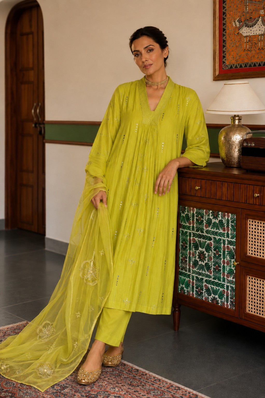 Neon Yellow Chanderi Silk Kurta Set with Embroidery and Mukaish Dupatta