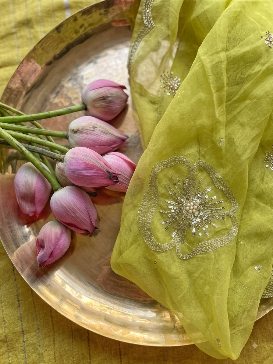 Neon Yellow Chanderi Silk Kurta Set with Embroidery and Mukaish Dupatta