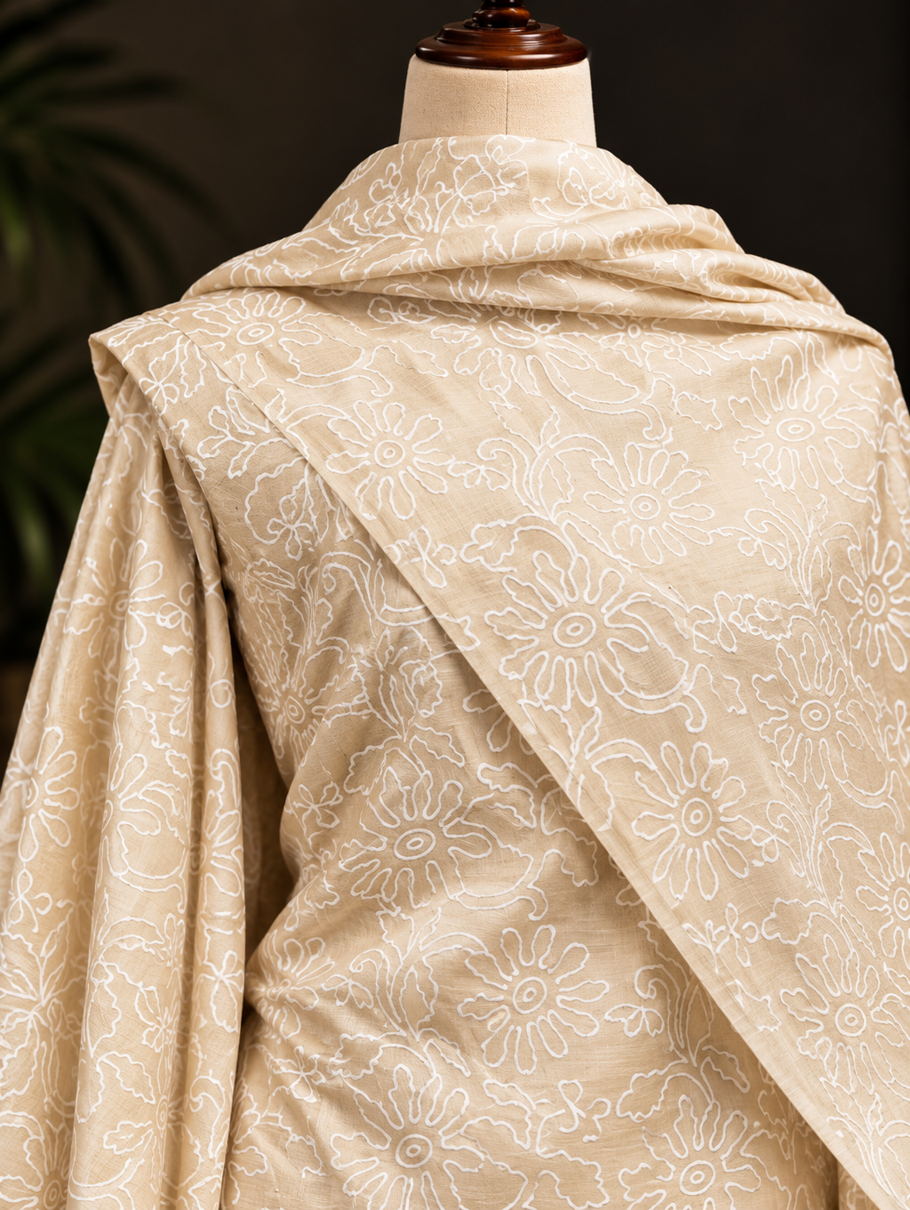 Cream Floral Printed Tussar Silk Unstitched Suit Set