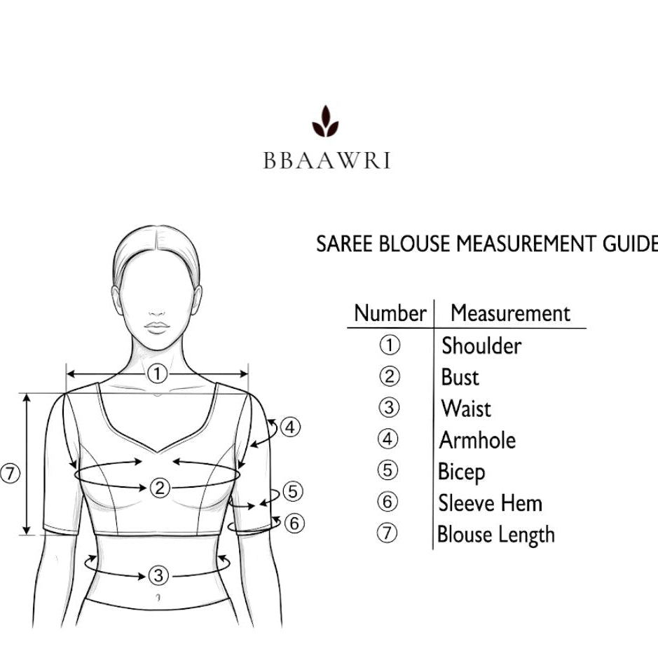 Saree blouse measurement guide with BBAAWRI branding