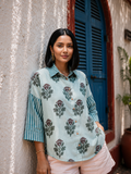 Teal Blue  Floral Printed Linen Shirt for Women