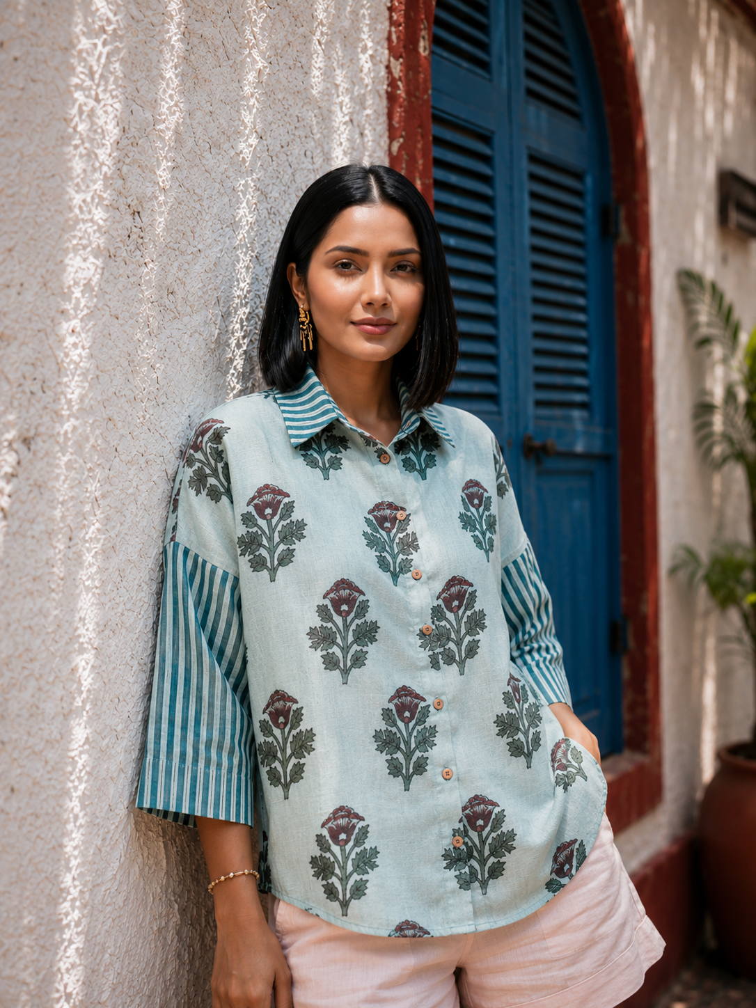 Teal Blue  Floral Printed Linen Shirt for Women