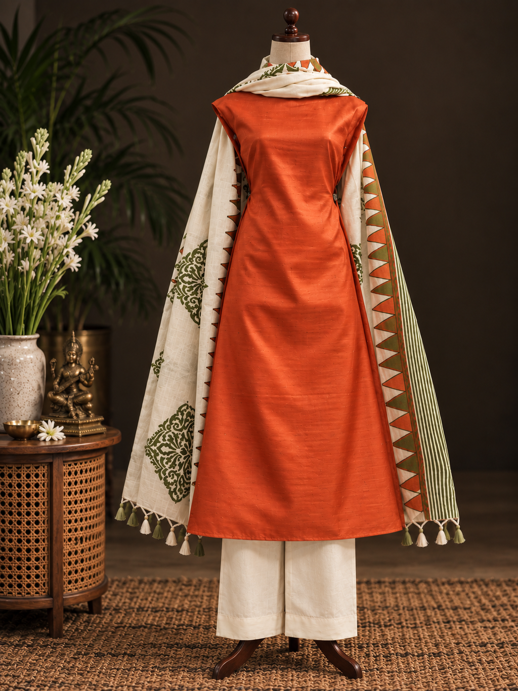 Hand Block Printed Tussar Silk suit- Orange