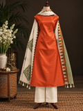 Hand Block Printed Tussar Silk suit- Orange