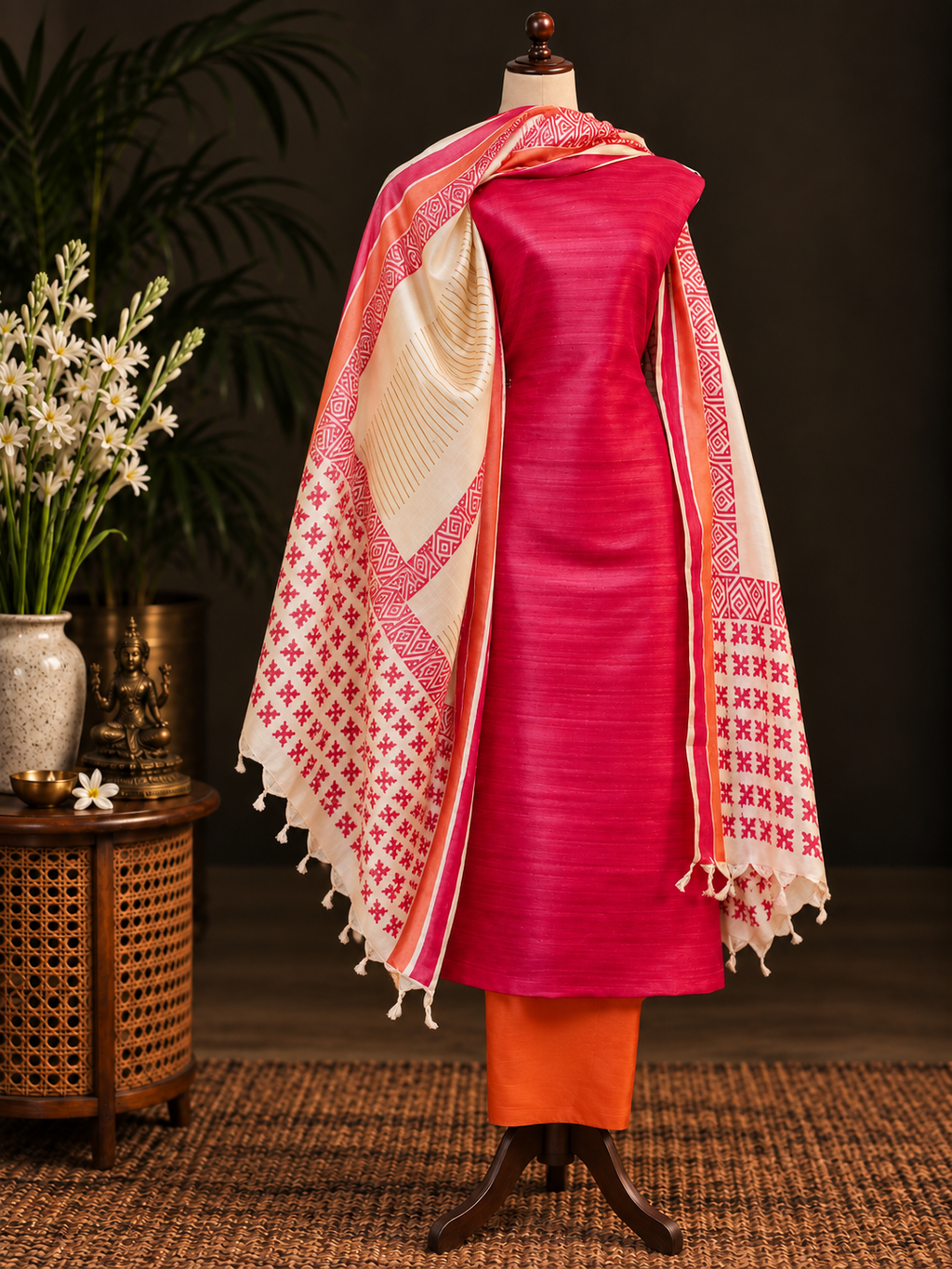 Pink and Orange Tussar Silk Unstitched Suit with Block Print Dupatta