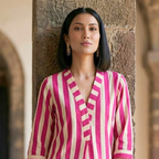 pink and white striped suit