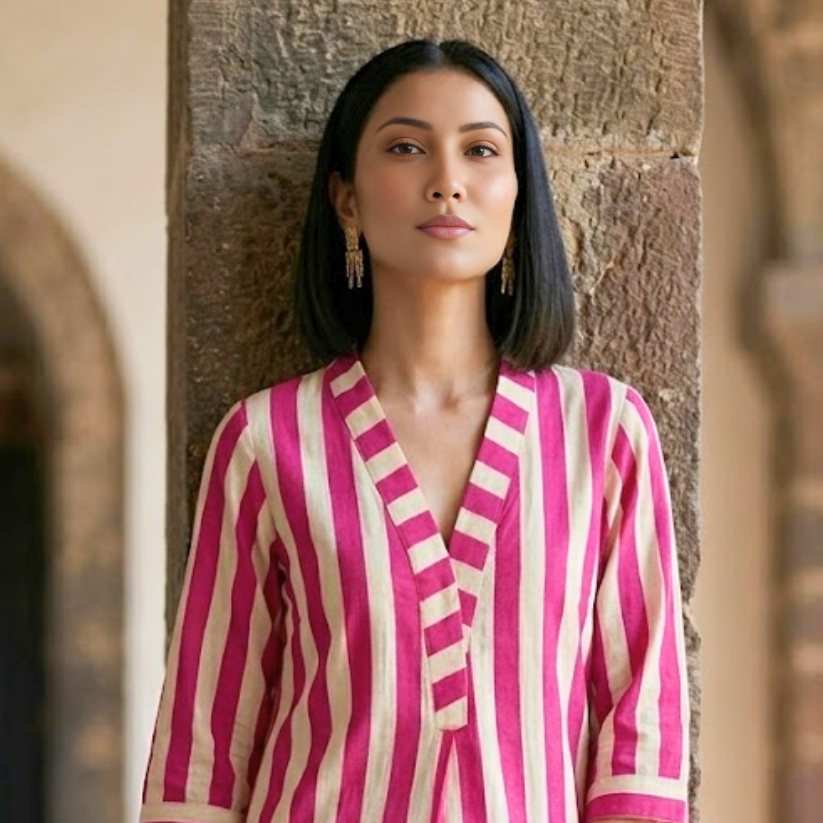 pink and white striped suit