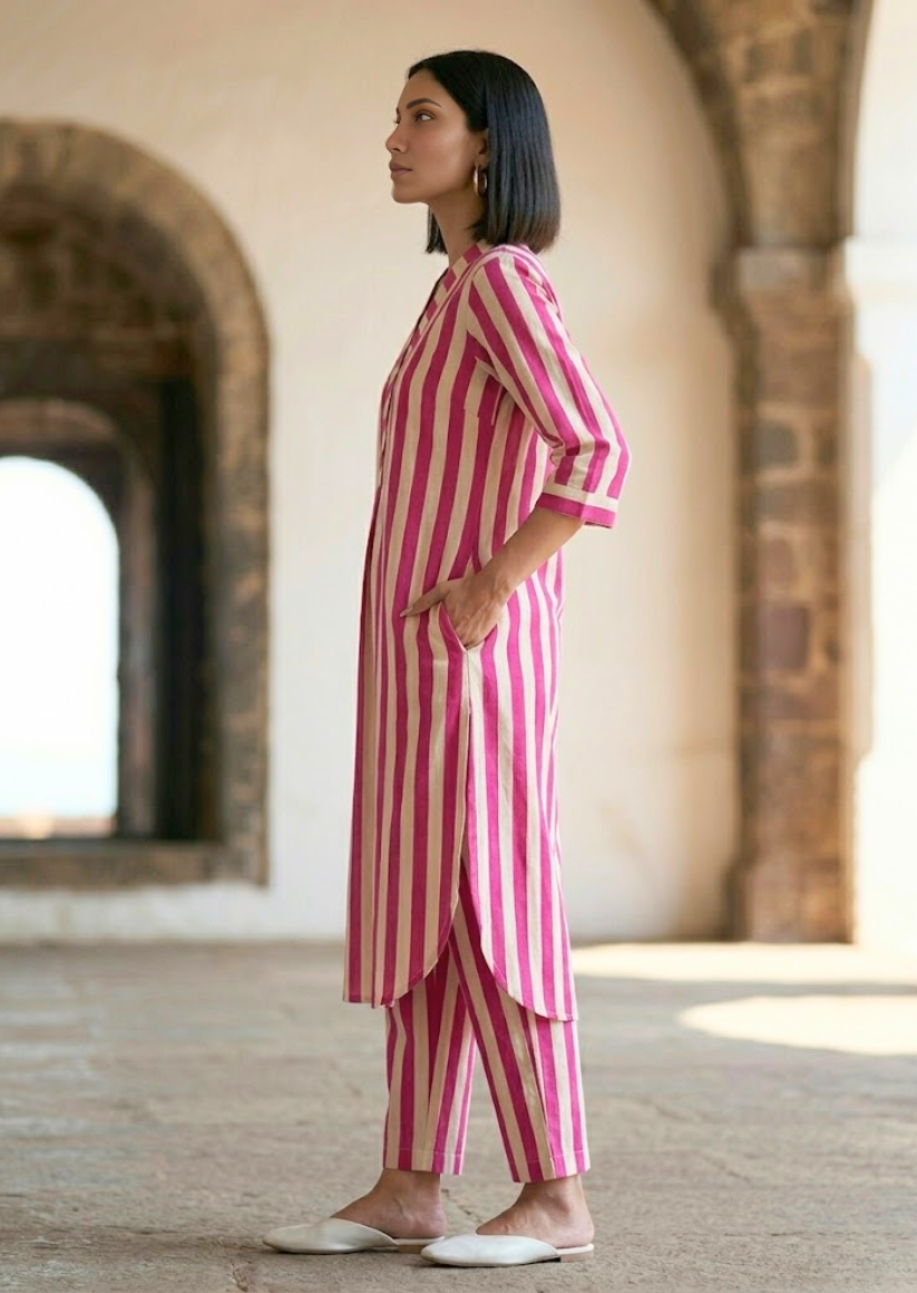 Woman wearing a pink and white striped outfit standing in an architectural setting.