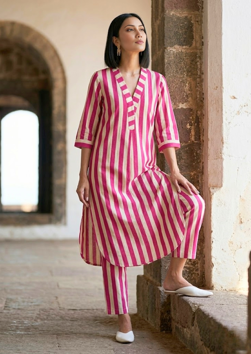 Woman wearing a pink and white striped outfit standing in a sunlit room with stone walls.