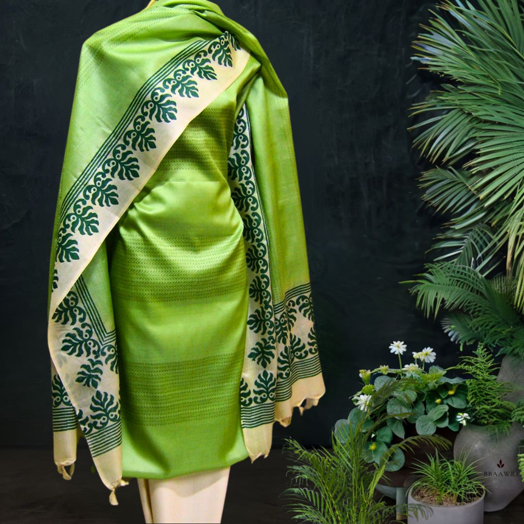 shop Printed Green Beige Tussar Silk Dress Material