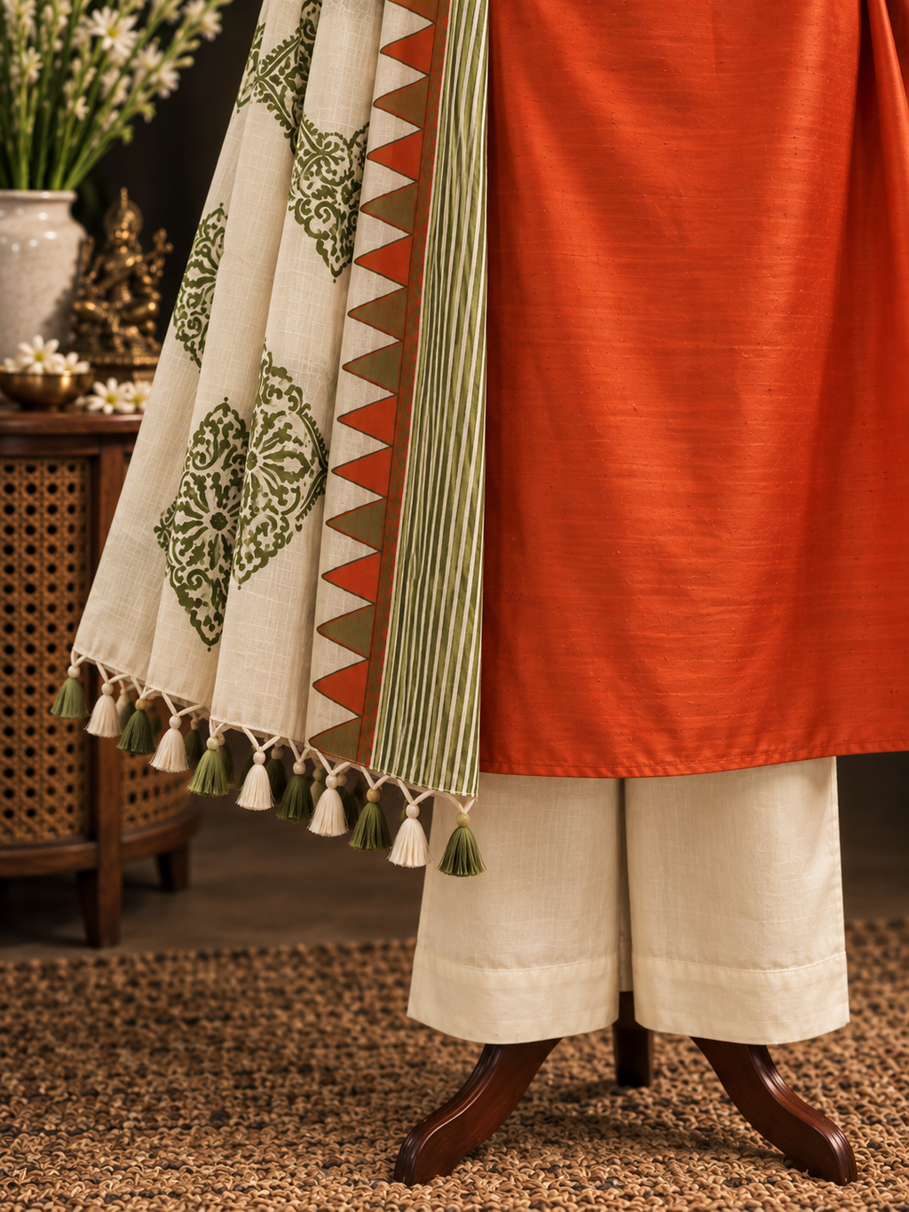 Hand Block Printed Tussar Silk suit- Orange