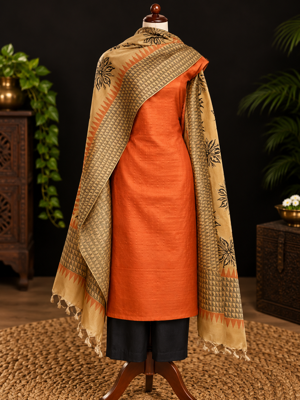 Block Printed Tussar Silk Suit in Rust Orange