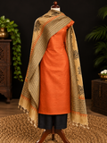 Block Printed Tussar Silk Suit in Rust Orange