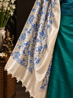 Premium Emerald Green Tussar Silk Unstitched Suit with Floral Block Print Dupatta