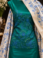 Premium Emerald Green Tussar Silk Unstitched Suit with Floral Block Print Dupatta