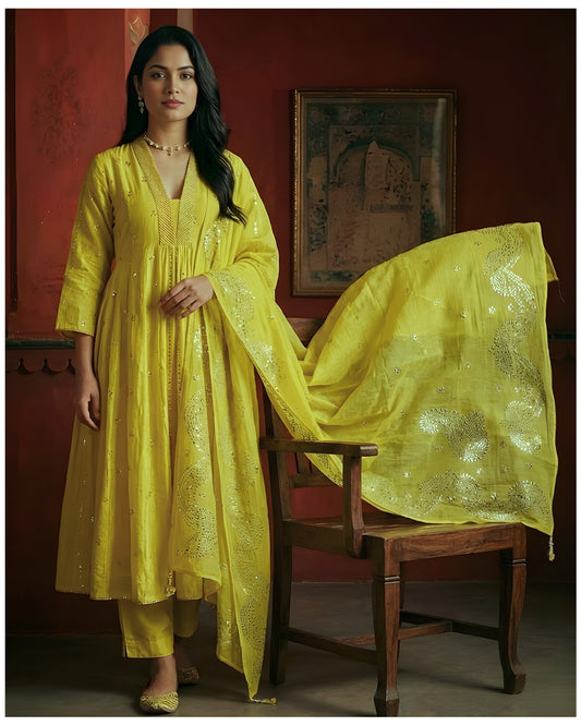 Neon Yellow Chanderi Silk Kurta Set with Embroidery and Mukaish Dupatta