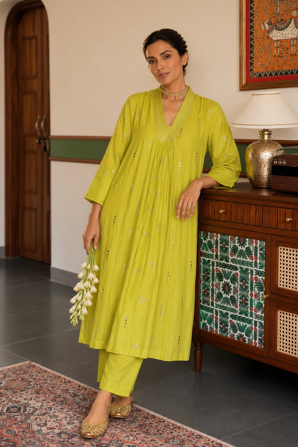 Neon Yellow Chanderi Silk Kurta Set with Embroidery and Mukaish Dupatta