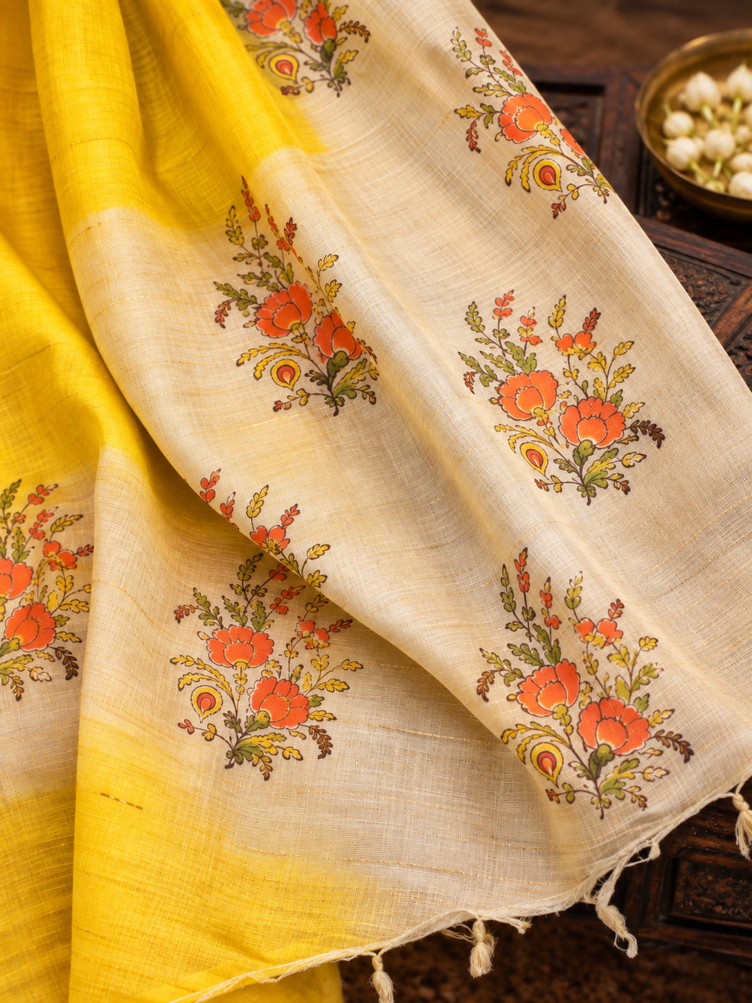Floral Yellow Printed Tussar Silk  set with Dupatta