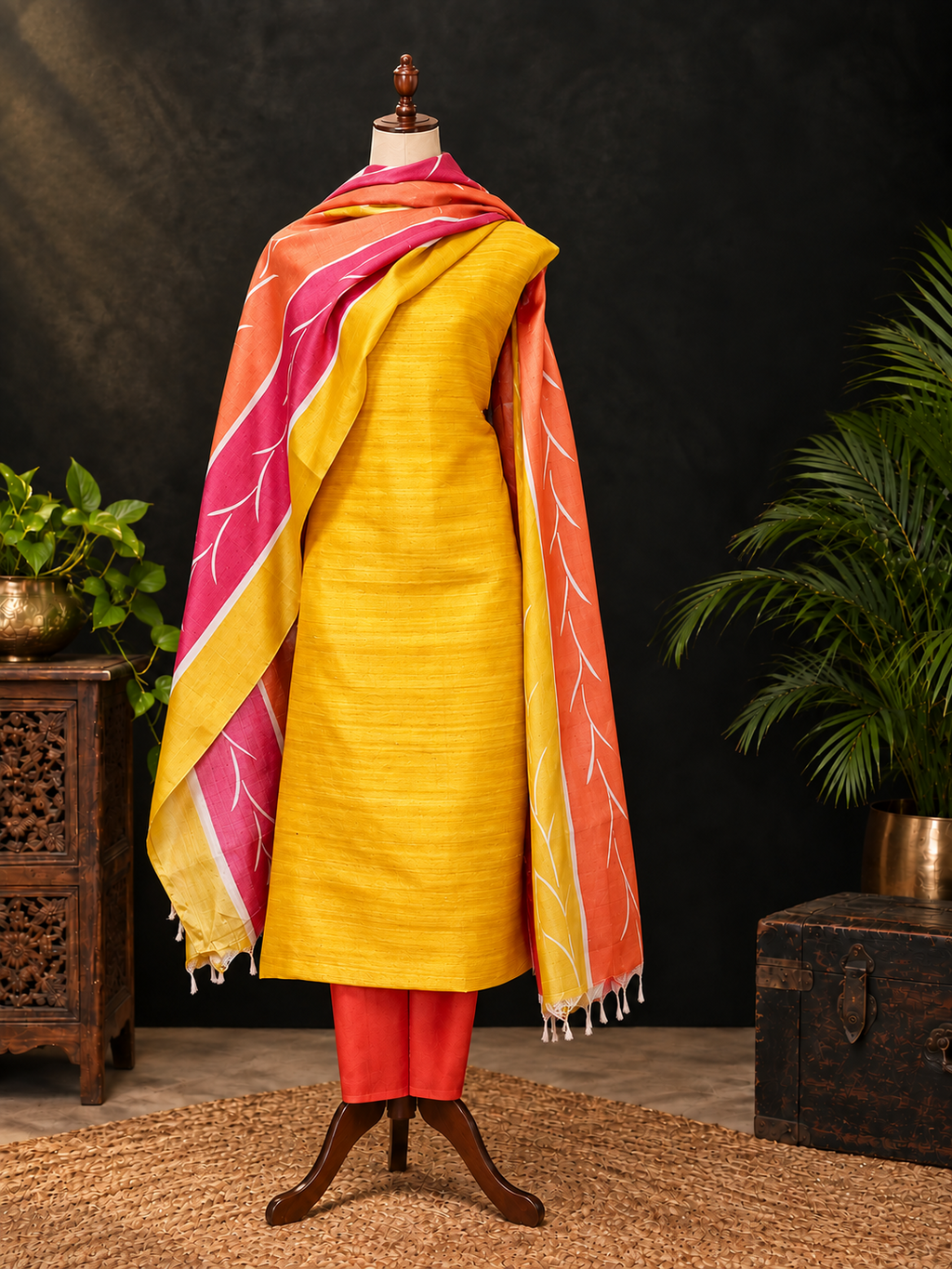Yellow Hand Block Printed Tussar Silk Dress Material BBETU89