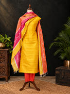 Yellow Hand Block Printed Tussar Silk Dress Material BBETU89