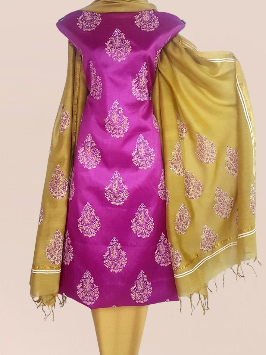 Block Printed Tussar Silk Suit with Chanderi Dupatta_Purple