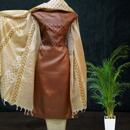 Block Printed Tussar Silk Suit - Brown