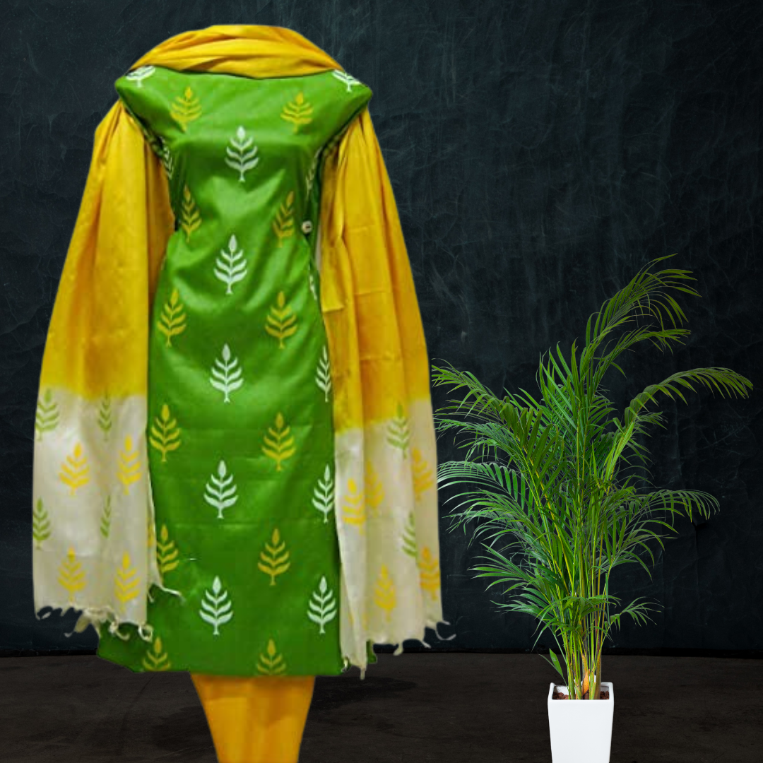 Block Printed Tussar Silk Suit - Green