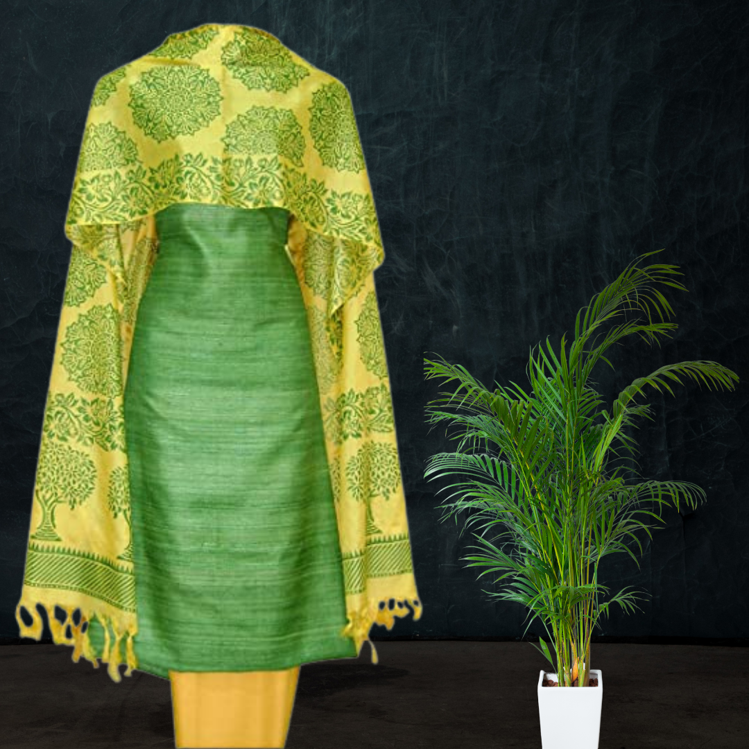 Block Printed Tussar Silk Suit - Green