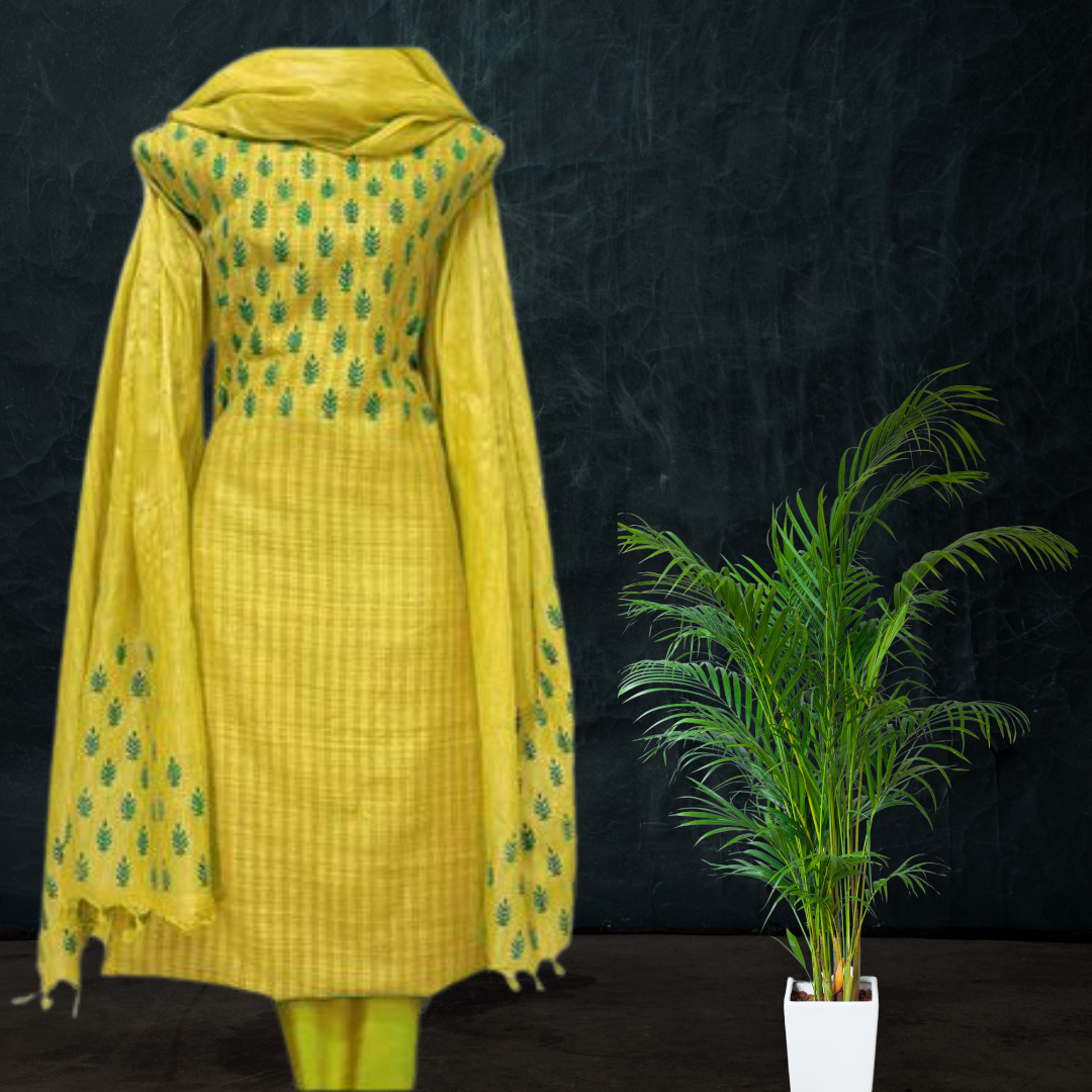 Block Printed Tussar Silk Suit - Yellow