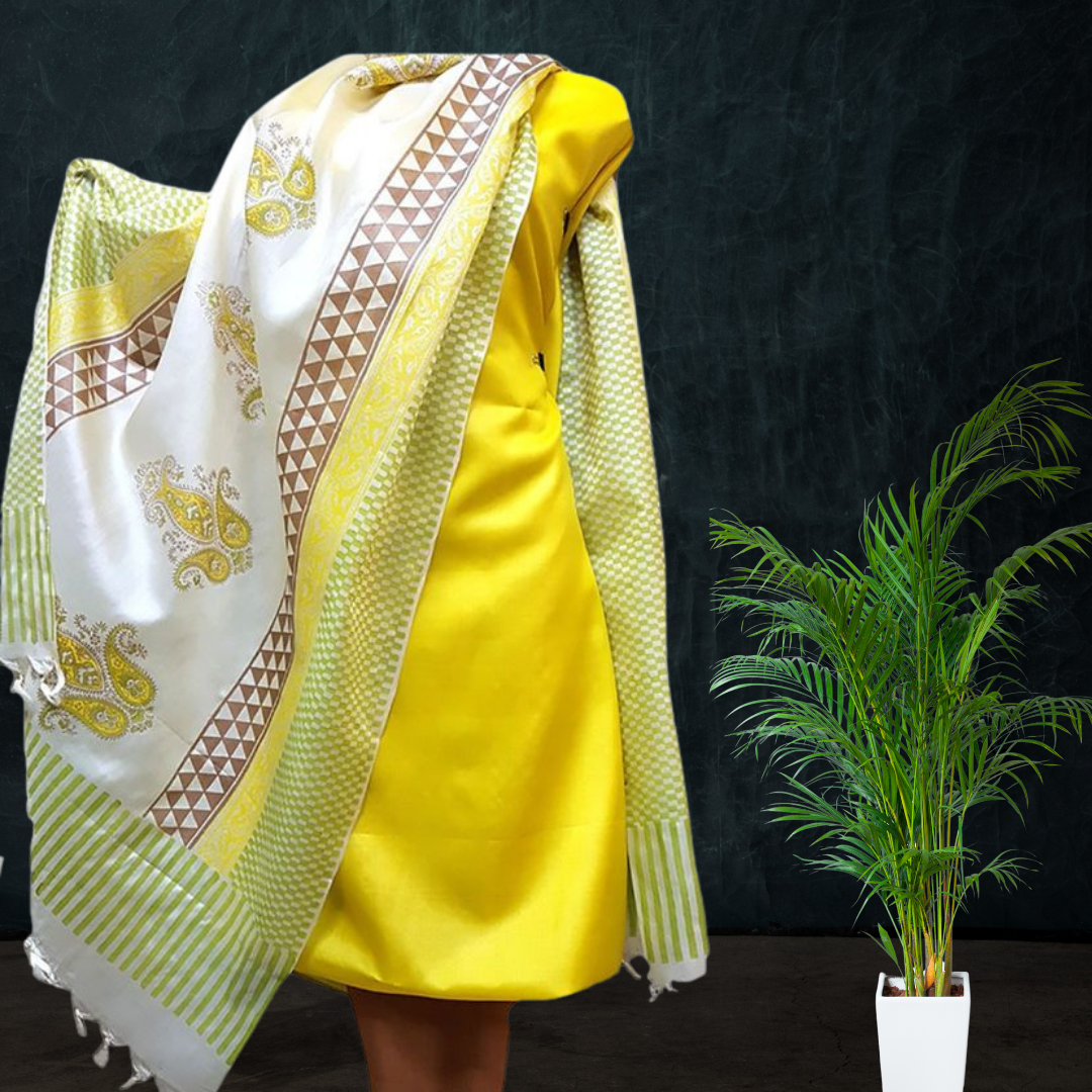Block Printed Tussar Silk Suit - Yellow