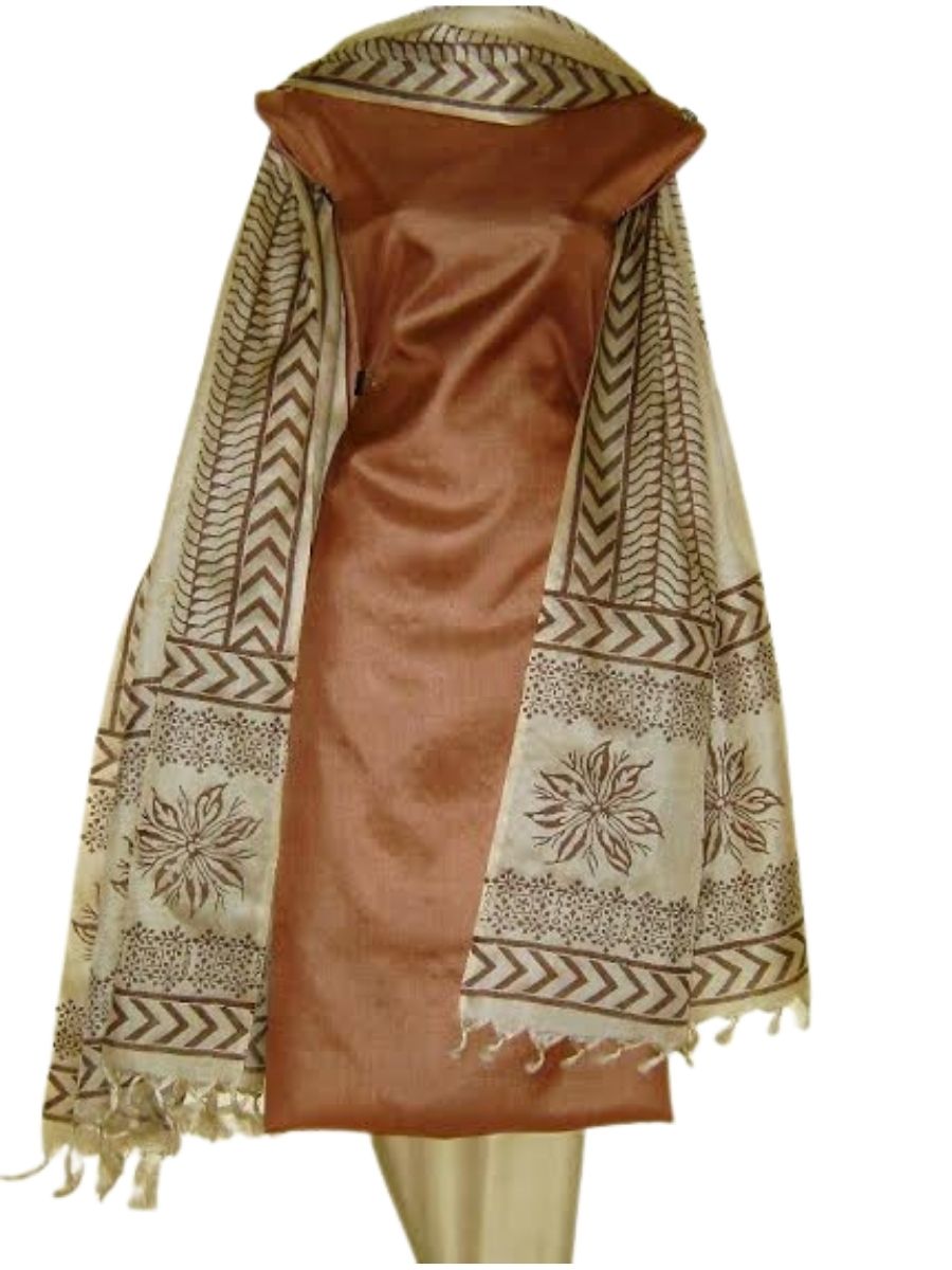 Block Printed Tussar Silk Suit with Tussar Dupatta_Brown