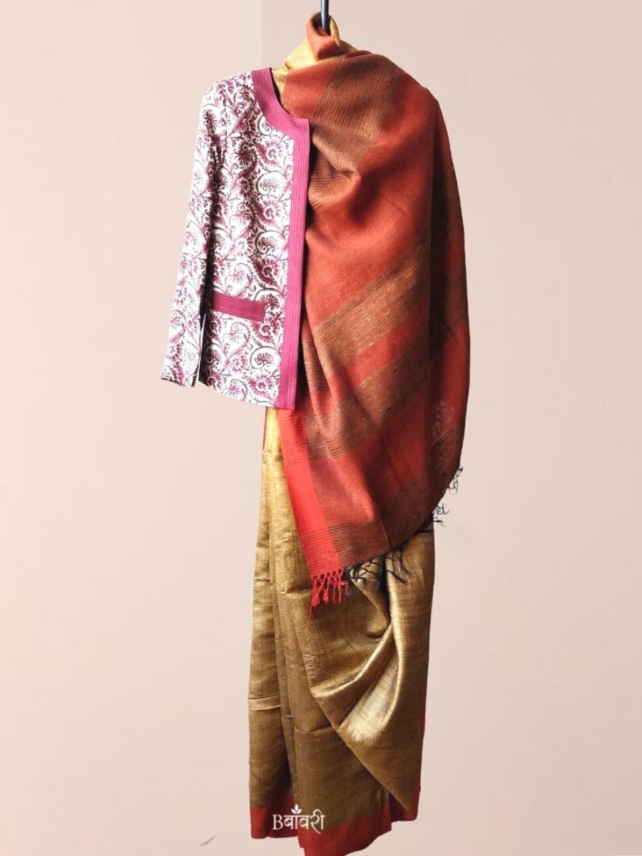 Handwoven Eri-Tussar Silk Saree_Golden Rust