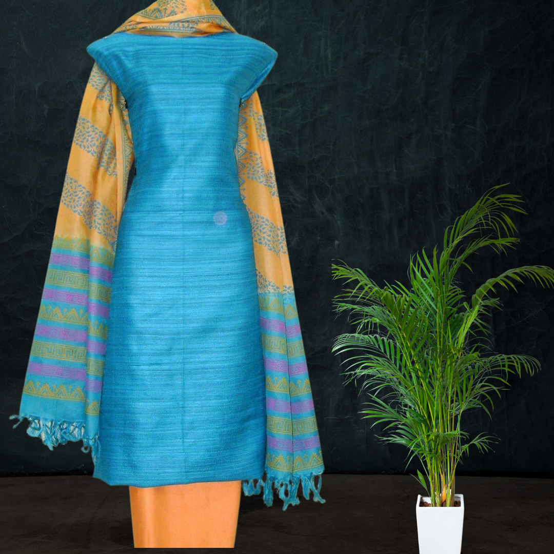 Block Printed Tussar Silk Suit - Blue