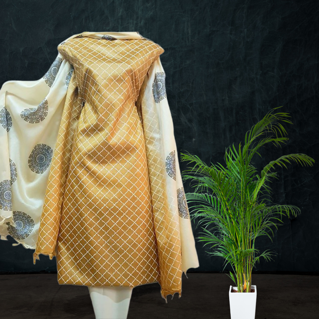 Block Printed Tussar Silk Suit - Cream Brown