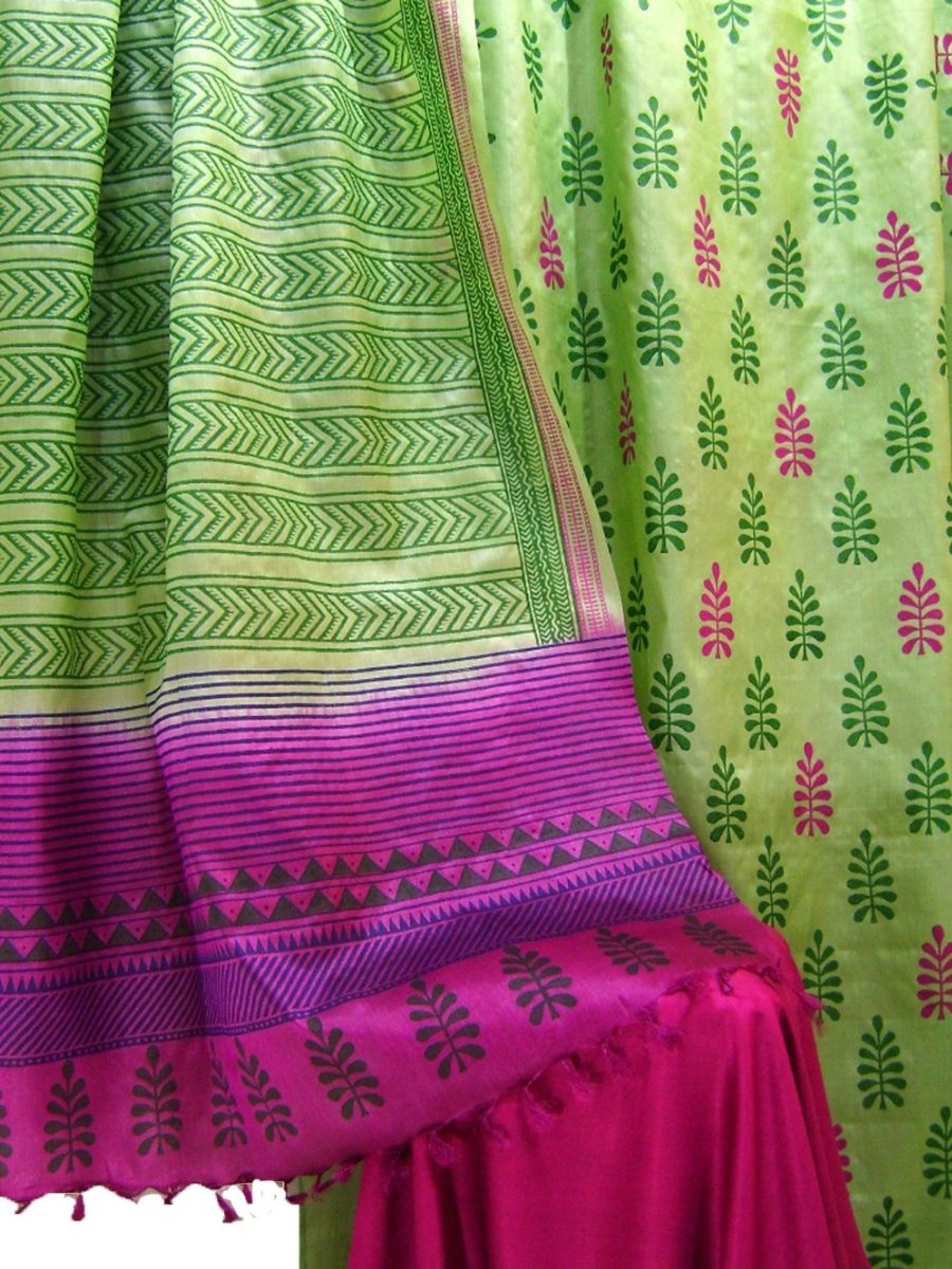 Block Printed Tussar Silk Suit with Tussar Dupatta_Pink