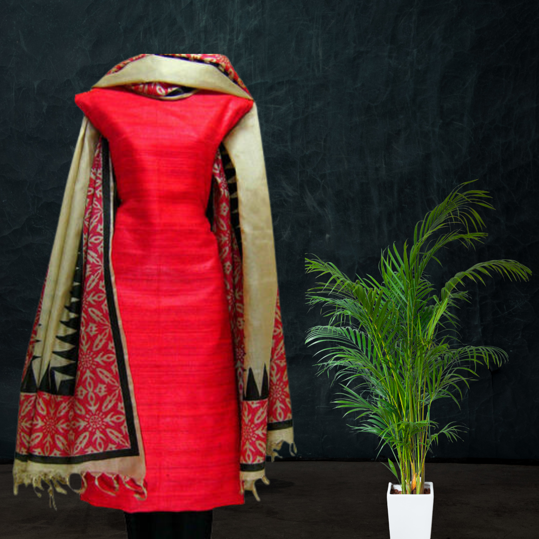 Block Printed Tussar Silk Suit - Red